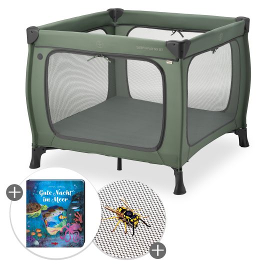 Hauck Reisebett & Laufgitter Sleep N Play SQ Set mit Komfort-Matratze + Insektenschutz + Buch "Gute Nacht im Meer" - Dark Green