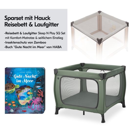 Hauck Reisebett & Laufgitter Sleep N Play SQ Set mit Komfort-Matratze + Insektenschutz + Buch "Gute Nacht im Meer" - Dark Green