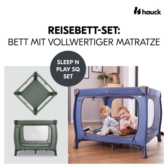 Hauck Travel cot & playpen Sleep N Play SQ Set with comfort mattress + insect screen + book "Good night in the sea" - Dark Green