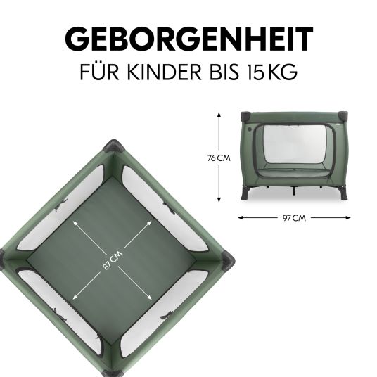 Hauck Reisebett & Laufgitter Sleep N Play SQ Set mit Komfort-Matratze + Insektenschutz + Buch "Gute Nacht im Meer" - Dark Green