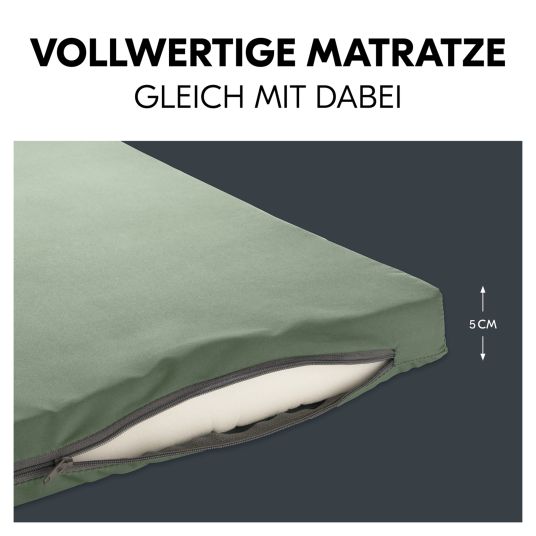 Hauck Reisebett & Laufgitter Sleep N Play SQ Set mit Komfort-Matratze + Insektenschutz + Buch "Gute Nacht im Meer" - Dark Green