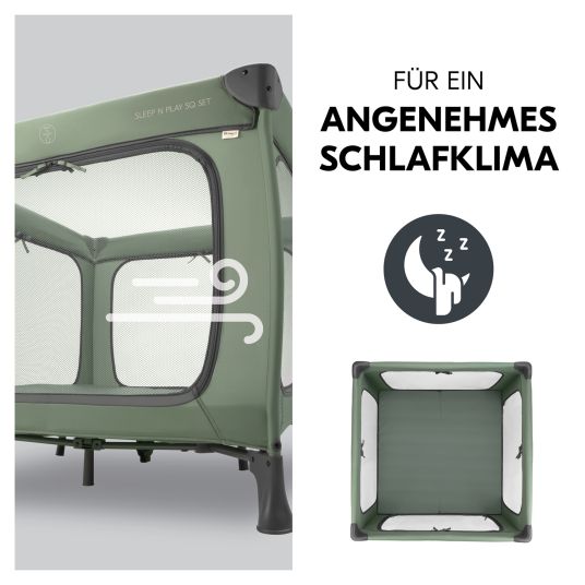 Hauck Reisebett & Laufgitter Sleep N Play SQ Set mit Komfort-Matratze + Insektenschutz + Buch "Gute Nacht im Meer" - Dark Green