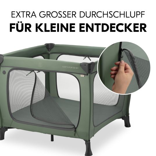 Hauck Travel cot & playpen Sleep N Play SQ Set with comfort mattress + insect screen + book "Good night in the sea" - Dark Green