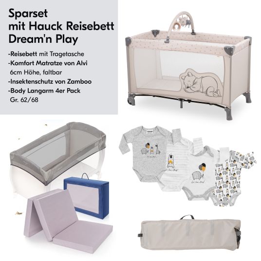 Hauck Reisebett Set Dream`n Play Go inkl. Alvi Reisebett-Matratze & Insektenschutz + GRATIS Langarmbody 4er Pack - Disney - Pooh Rainbow Beige