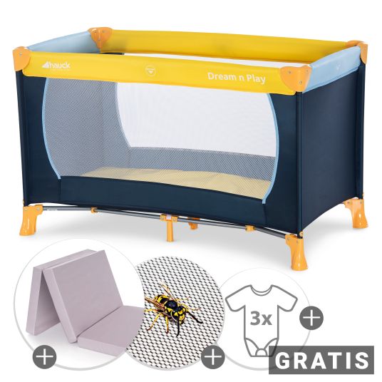 Hauck Set lettino da viaggio Dream'n Play con materasso per lettino da viaggio Alvi e protezione dagli insetti + body fasciatoio GRATUITO in confezione da 3 pezzi - Giallo Blu Navy