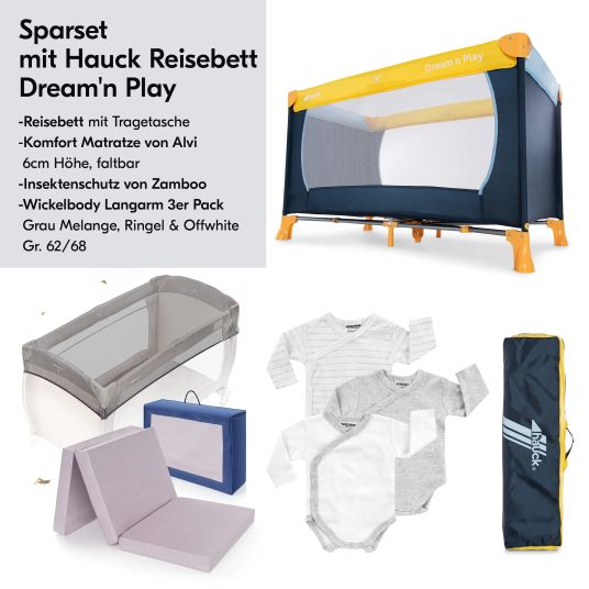 Hauck Reisebett Set Dream'n Play inkl. Alvi Reisebett-Matratze & Insektenschutz + GRATIS Wickelbody 3er Pack - Yellow Blue Navy