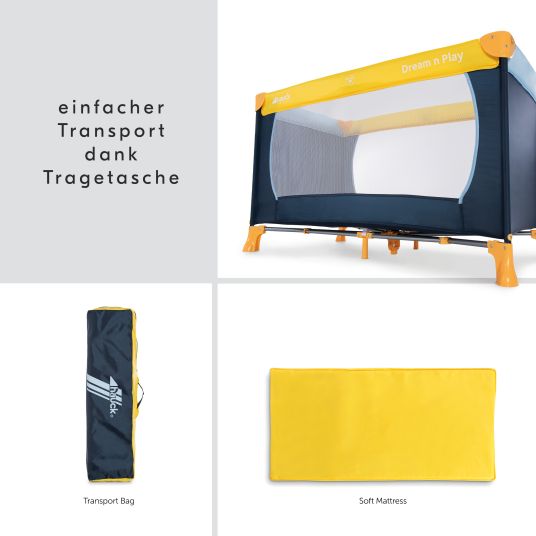 Hauck Reisebett Set Dream'n Play inkl. Alvi Reisebett-Matratze & Insektenschutz + GRATIS Wickelbody 3er Pack - Yellow Blue Navy