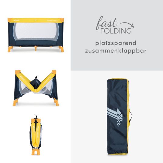 Hauck Reisebett Set Dream'n Play inkl. Alvi Reisebett-Matratze & Insektenschutz + GRATIS Wickelbody 3er Pack - Yellow Blue Navy