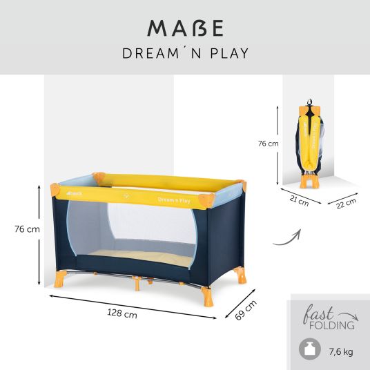 Hauck Reisebett Set Dream'n Play inkl. Alvi Reisebett-Matratze & Insektenschutz + GRATIS Wickelbody 3er Pack - Yellow Blue Navy