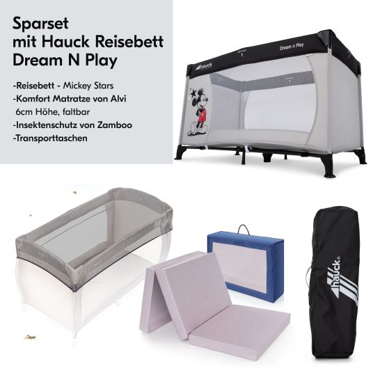 Hauck Reisebett Set Dream N Play inkl. Alvi Reisebett-Matratze & Insektenschutz - Mickey Stars