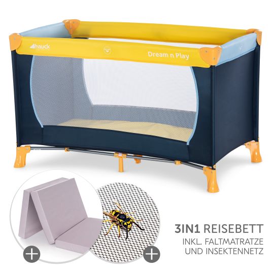 Hauck Dream'n Play travel cot set incl. Alvi travel cot mattress & insect screen - Yellow Blue Navy