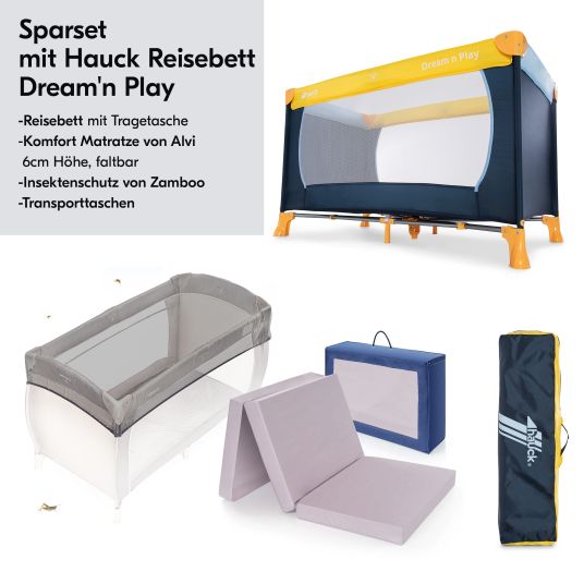 Hauck Reisebett Set Dream'n Play inkl. Alvi Reisebett-Matratze & Insektenschutz - Yellow Blue Navy