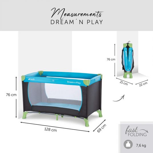 Hauck Reisebett Set Dream'n Play - mit Alvi Reisebett Matratze Komfort (schadstoffgeprüft, faltbar, 6 cm Höhe) - Waterblue