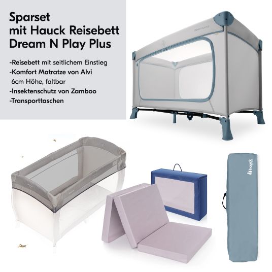 Hauck Dream N Play Plus travel cot set incl. comfort mattress & insect screen - Dusty Blue