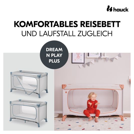 Hauck Dream N Play Plus travel cot set incl. comfort mattress & insect screen - Dusty Blue