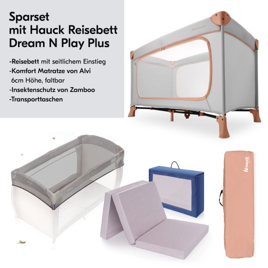 Hauck Dream N Play Plus travel cot set incl. comfort mattress & insect screen - Dusty Cork