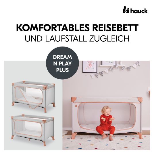 Hauck Dream N Play Plus travel cot set incl. comfort mattress & insect screen - Dusty Cork