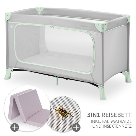 Hauck Set lettino da viaggio Dream N Play Plus con materasso comfort e zanzariera - Menta polverosa