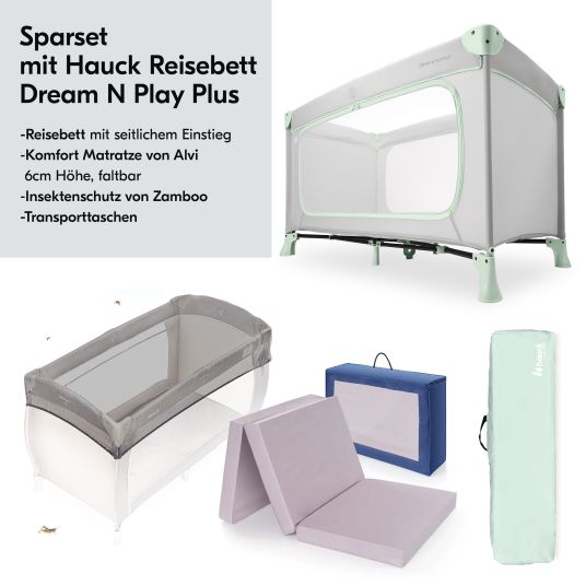 Hauck Dream N Play Plus travel cot set incl. comfort mattress & insect screen - Dusty Mint