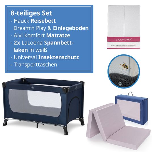 Hauck Reisebett Set Dream'n Play Plus inkl. Reisebett Matratze + 2 Spannbettlaken + Insektenschutz - Navy