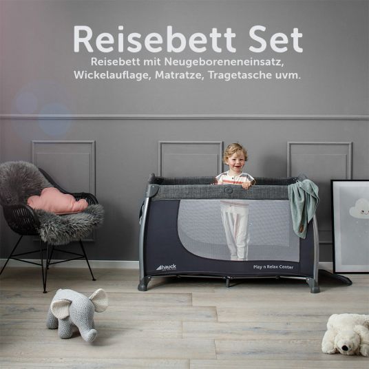Hauck Reisebett Set Play'n Relax Center mit Matratze, Wickelauflage, höhenverstellbar - Melange Grey