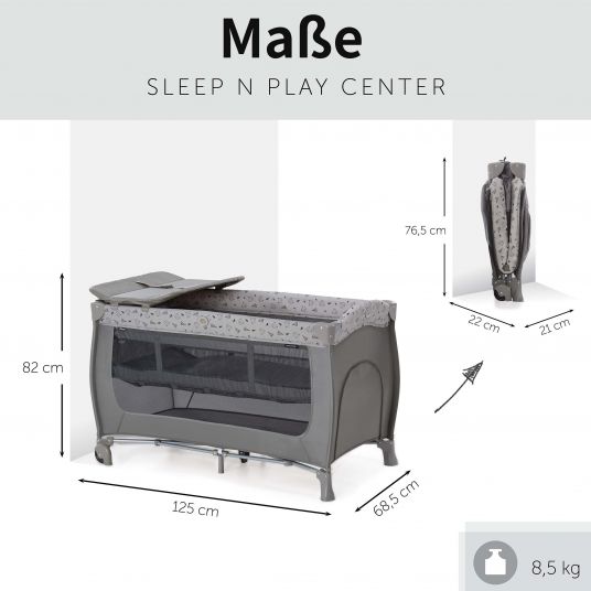 Hauck Reisebett Set Sleep'n Play Center (höhenverstellbar) inkl. Wickelauflage, Matratze & Insektenschutz - Nordic Grey
