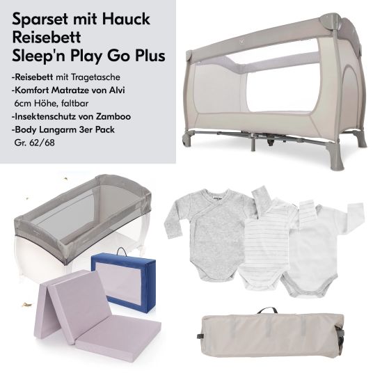 Hauck Sleep'n Play Go Plus travel cot economy set incl. Alvi travel cot mattress + insect screen + FREE changing bodysuit 3-pack - Beige