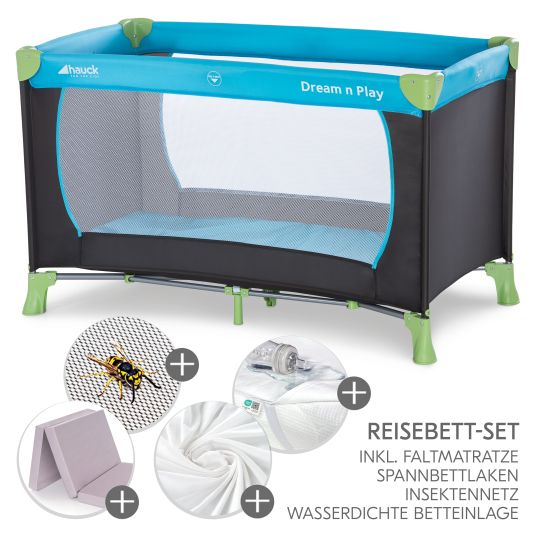 Hauck Reisebett XXL-Sparset - Dream`n Play inkl. Alvi Reisebett-Matratze + Wasserdichte Betteinlage + 2 Spannbettlaken + Insektenschutz - Waterblue