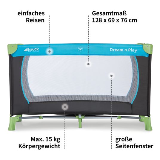 Hauck Reisebett XXL-Sparset - Dream`n Play inkl. Alvi Reisebett-Matratze + Wasserdichte Betteinlage + 2 Spannbettlaken + Insektenschutz - Waterblue