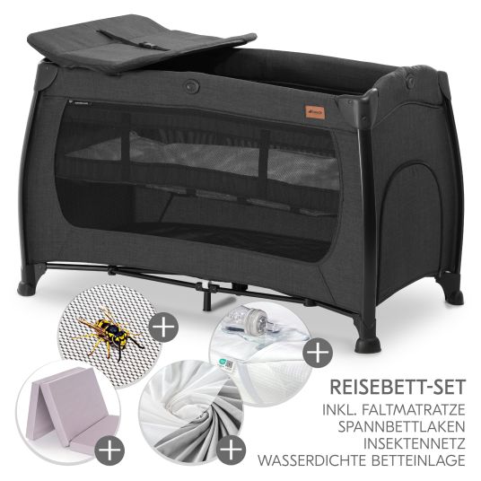 Hauck Reisebett XXL-Sparset - Play N Relax Center inkl. Alvi Reisebett-Matratze + Wasserdichte Betteinlage + 2 Spannbettlaken + Insektenschutz - Melange Black