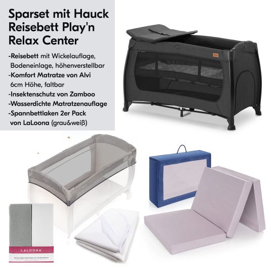 Hauck Reisebett XXL-Sparset - Play N Relax Center inkl. Alvi Reisebett-Matratze + Wasserdichte Betteinlage + 2 Spannbettlaken + Insektenschutz - Melange Black