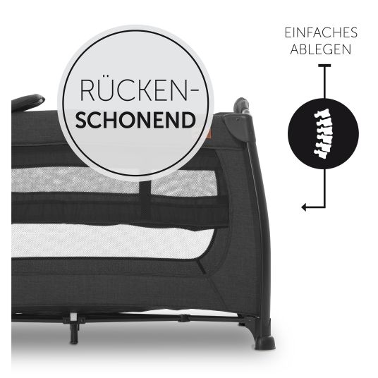 Hauck Reisebett XXL-Sparset - Play N Relax Center inkl. Alvi Reisebett-Matratze + Wasserdichte Betteinlage + 2 Spannbettlaken + Insektenschutz - Melange Black