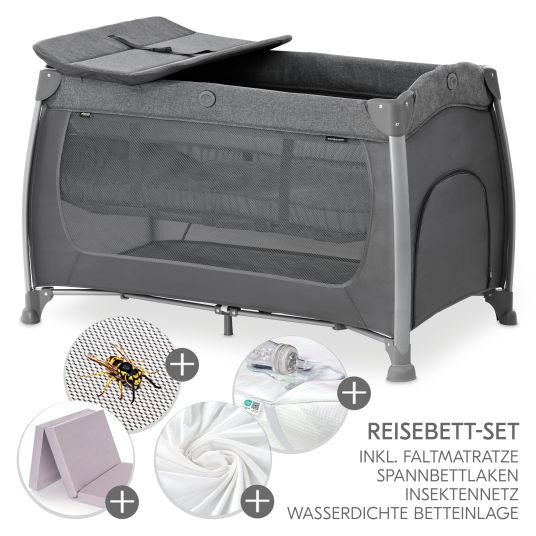 Hauck Reisebett XXL-Sparset - Play N Relax Center inkl. Alvi Reisebett-Matratze + Wasserdichte Betteinlage + 2 Spannbettlaken + Insektenschutz - Melange Charcoal