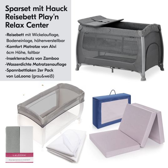 Hauck Reisebett XXL-Sparset - Play N Relax Center inkl. Alvi Reisebett-Matratze + Wasserdichte Betteinlage + 2 Spannbettlaken + Insektenschutz - Melange Charcoal