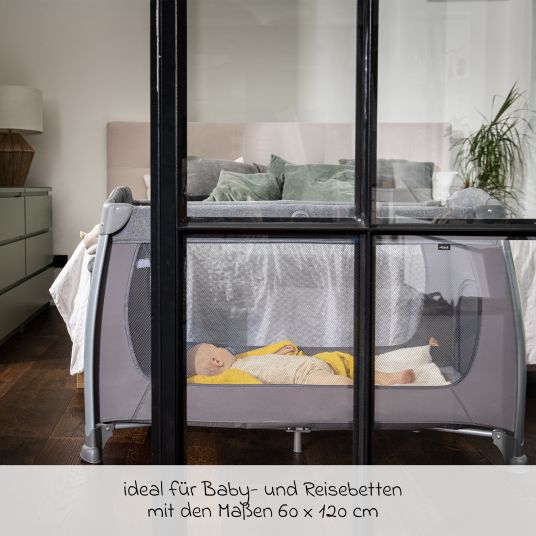 Hauck Reisebett XXL-Sparset - Play N Relax Center inkl. Alvi Reisebett-Matratze + Wasserdichte Betteinlage + 2 Spannbettlaken + Insektenschutz - Melange Charcoal