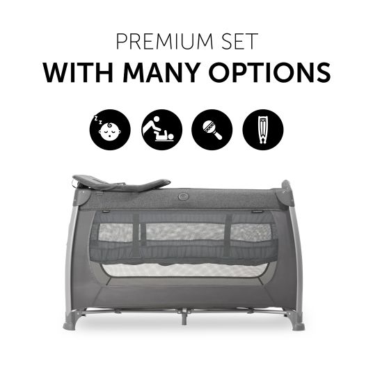 Hauck Travel cot XXL economy set - Play`n Relax Center incl. Alvi travel cot mattress + waterproof bed insert + 2 fitted sheets + insect protection - Melange Charcoal