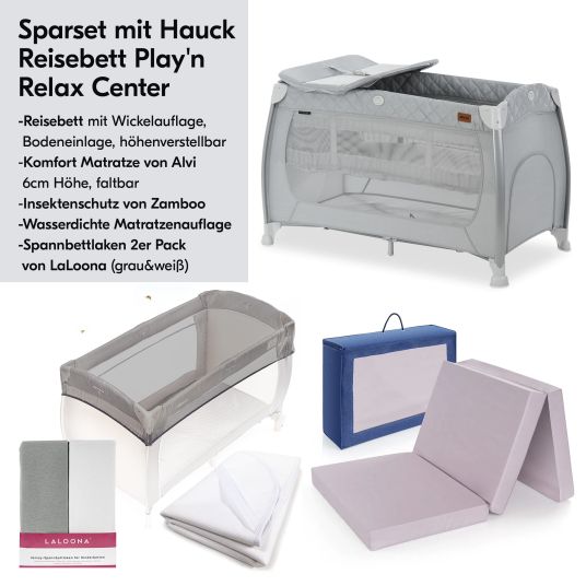 Hauck Reisebett XXL-Sparset - Play N Relax Center inkl. Alvi Reisebett-Matratze + Wasserdichte Betteinlage + 2 Spannbettlaken + Insektenschutz - Quilted Grey