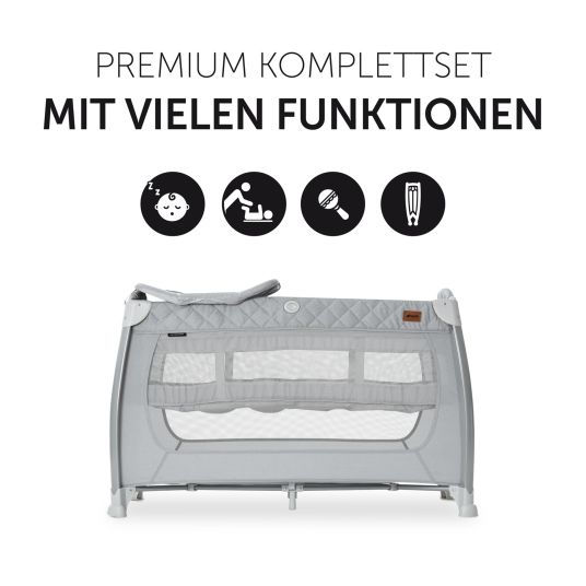 Hauck Reisebett XXL-Sparset - Play N Relax Center inkl. Alvi Reisebett-Matratze + Wasserdichte Betteinlage + 2 Spannbettlaken + Insektenschutz - Quilted Grey