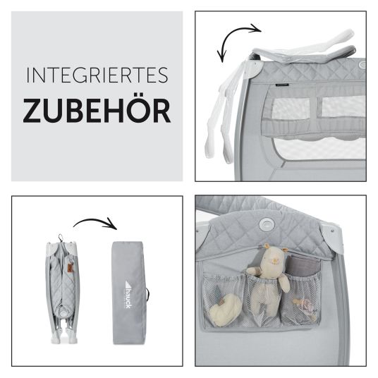 Hauck Reisebett XXL-Sparset - Play N Relax Center inkl. Alvi Reisebett-Matratze + Wasserdichte Betteinlage + 2 Spannbettlaken + Insektenschutz - Quilted Grey