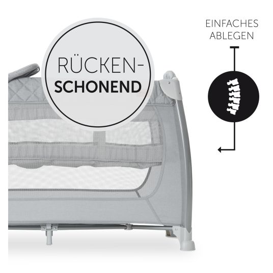 Hauck Reisebett XXL-Sparset - Play N Relax Center inkl. Alvi Reisebett-Matratze + Wasserdichte Betteinlage + 2 Spannbettlaken + Insektenschutz - Quilted Grey