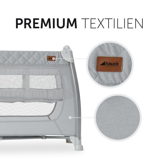 Hauck Reisebett XXL-Sparset - Play N Relax Center inkl. Alvi Reisebett-Matratze + Wasserdichte Betteinlage + 2 Spannbettlaken + Insektenschutz - Quilted Grey