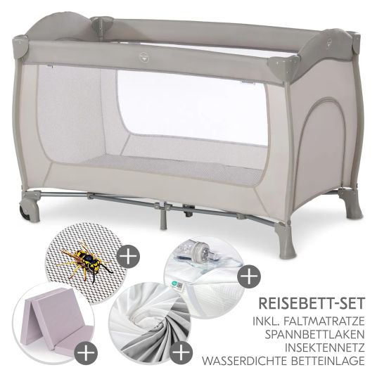 Hauck Reisebett XXL-Sparset - Sleep N Play Go Plus inkl. Alvi Reisebett-Matratze + Wasserdichte Betteinlage + 2 Spannbettlaken + Insektenschutz - Beige