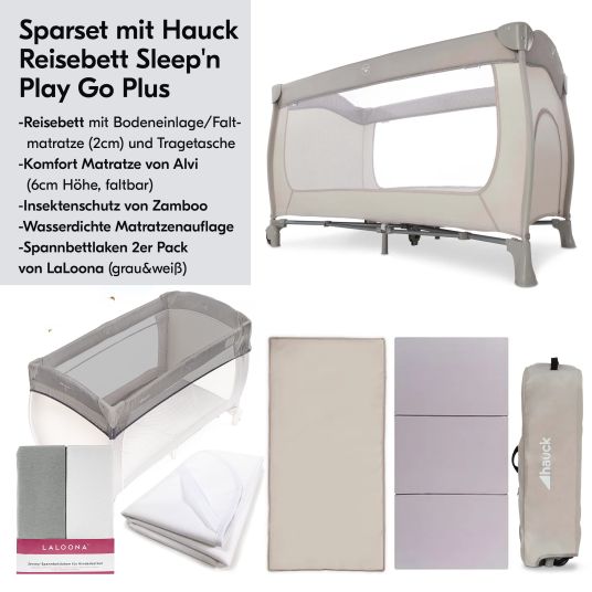 Hauck Reisebett XXL-Sparset - Sleep N Play Go Plus inkl. Alvi Reisebett-Matratze + Wasserdichte Betteinlage + 2 Spannbettlaken + Insektenschutz - Beige