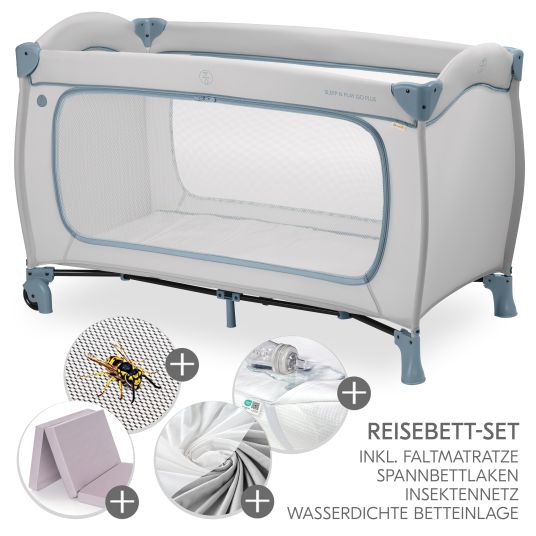 Hauck Reisebett XXL-Sparset - Sleep N Play Go Plus inkl. Alvi Reisebett-Matratze + Wasserdichte Betteinlage + 2 Spannbettlaken + Insektenschutz - Dusty Blue