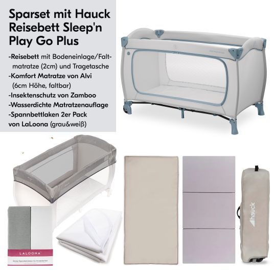 Hauck Reisebett XXL-Sparset - Sleep N Play Go Plus inkl. Alvi Reisebett-Matratze + Wasserdichte Betteinlage + 2 Spannbettlaken + Insektenschutz - Dusty Blue