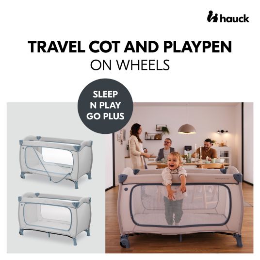 Hauck Travel cot XXL economy set - Sleep N Play Go Plus incl. Alvi travel cot mattress + waterproof bed insert + 2 fitted sheets + insect protection - Dusty Blue