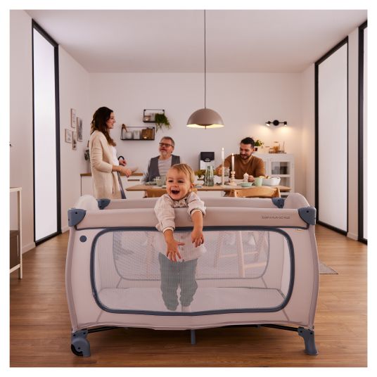 Hauck Travel cot XXL economy set - Sleep N Play Go Plus incl. Alvi travel cot mattress + waterproof bed insert + 2 fitted sheets + insect protection - Dusty Blue