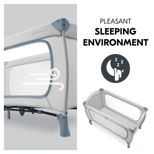 Hauck Reisebett XXL-Sparset - Sleep N Play Go Plus inkl. Alvi Reisebett-Matratze + Wasserdichte Betteinlage + 2 Spannbettlaken + Insektenschutz - Dusty Blue