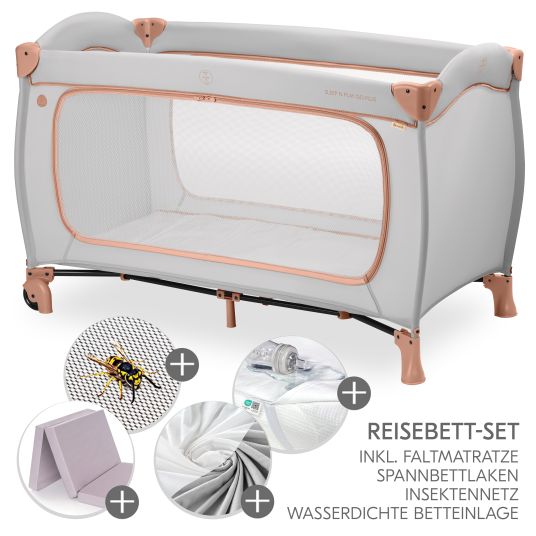 Hauck Reisebett XXL-Sparset - Sleep N Play Go Plus inkl. Alvi Reisebett-Matratze + Wasserdichte Betteinlage + 2 Spannbettlaken + Insektenschutz - Dusty Cork