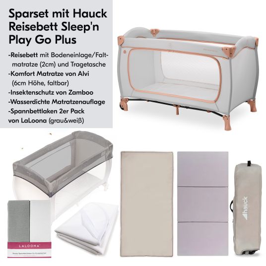 Hauck Reisebett XXL-Sparset - Sleep N Play Go Plus inkl. Alvi Reisebett-Matratze + Wasserdichte Betteinlage + 2 Spannbettlaken + Insektenschutz - Dusty Cork